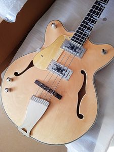 Bass leworęczny 4-strunowy Vintage Clear Natural Wood Gloss Półprzepływa HH Pickups Elektryczna gitara