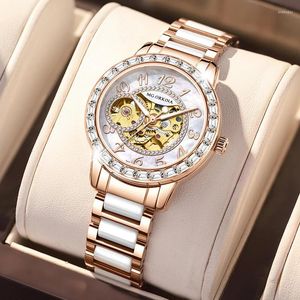 Armbandsur orkina kvinnors automatiska klockor skelett mekaniska damer elegant lyxklänning guld Gear Diamond White Ceramic Band Watch
