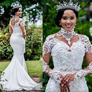 2024 Mermaid Wedding Dresses Bridal Gown Long Sleeves High Neck Luxury Crystals Beaded Lace Applique Boho Vestido de novia Custom Made Plus Size
