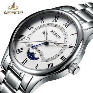 Aesop Watch Men Luxury Moon Phase Quartz Wrist Wristwatch rostfritt stål Male Clock Men Waterproof Relogio Masculino272h