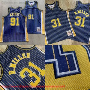 정통 자수 후퇴 1994-95 농구 레지 31 Miller Jersey Blue Stripe 2003-04 실제 스티치 91 Ron Artest Jerseys 통기성 스포츠 셔츠