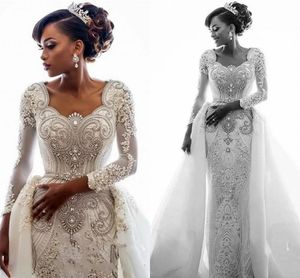 Luxury African Lace Mermaid Wedding Dress 2024 Long Sleeves Scoop Beaded Crystals Over Skirts Court Train Bridal Gowns Mariee Vestidos De Novia Customed