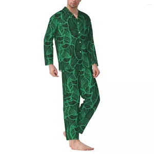 Mäns sömnkläder tropiska tryck pyjamas set gröna blad varma manliga långärmad avslappnad sömn 2-stycken hemdräkt stor storlek xl 2xl