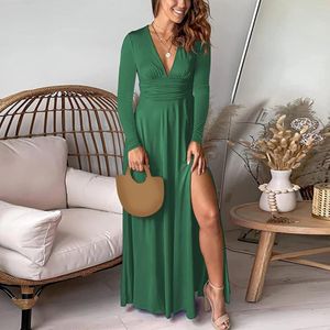 Casual Dresses 2023 Autumn Maxi Long Dress Women Elegant Party Kvinnlig Kort ärm Black V Neck Slitt för Vestidos Robe