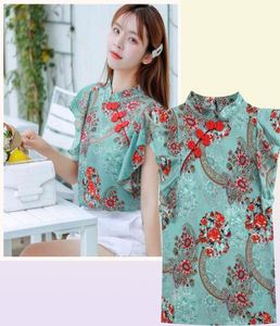 Kinesisk cheongsam stil kvinnor blommig chiffong skjorta sommarblus rufsar korta ärm tröjor toppar blusa a3252 2105197720282