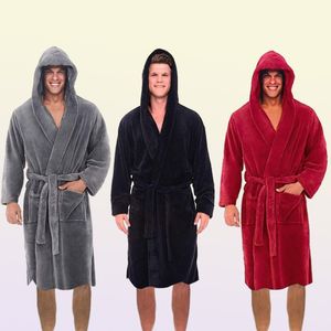 Roupões masculinos casuais roupão outono inverno sólido com capuz toalha vestido macio midi robe camisola masculino solto casa wear 2208268417550