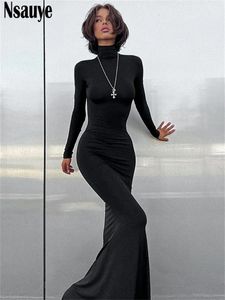 Nsauye Maxi Bodycon Dres Long Sleeve Outfits Elegant Fashion Sexy Party Evening Club Wrap Black Winter Turtleneck 231228