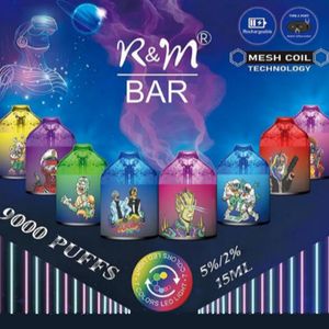 Authentic RM R&M BAR 9000 puffs Disposable Vape puff 9K juice 15ml prefilled vape pod 850mAh rechargeable battery RGB flash light vaporizer devices with lanyard