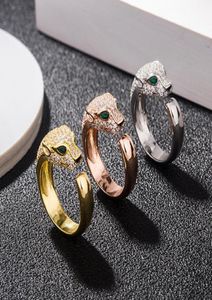 Cluster Rings Fashion S925 Sterling Silver Leopard Ring Micro Zircon Stone Green Eyes Open Panther Head For Men Women Jewelry1241637