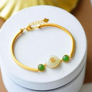 Inlaid Natural An Chalcedony Gourd Bracelet Chinese Style Retro Unique Ancient Gold Craft Charm Women's Brand Jewelry Bangle322R