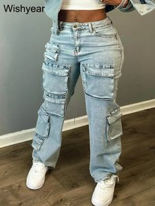 Sweatpants multi bolsos estiramento denim carga calça botão voar cintura alta solta reta baggy calças de brim streetwear 231228