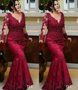 Vintage Burgundy Long Sleeves Prom Mother of the Bride Dresses 2022 Plus size Lace Beaded Sequin Evening Red Carpet Formal Gowns D4452612