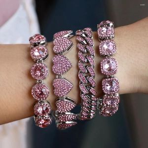 Link Bracelets 1Pcs Pink Clustered Cuban Chain Tennis Bracelet For Women Heart Round Rhinestone Iced Out Fashion Jewelry Gifts