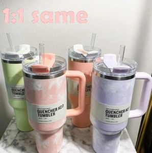 US Stock Quencher 40oz Tumbler Tie Dye Light Blue Pink Leopard Handle Lock Straw Beer Mug Water Bottle Powder Coating Outdoor Camping Cup U1228