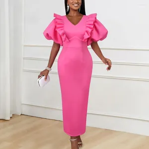 Casual Dresses Luxury Pink For Women V Neck Lantern Sleeve Ruffles Mante Ankel Längd Elegant födelsedagsfest Middag Vestidos Mujer