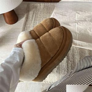 2023 Womens Platform Tazzlita Hardwood Suede Slipper Ss Shearling Lined Boots Wool Furry Cuff Fur Shoes Sheepskin Slide Designer Bo Dhvhb