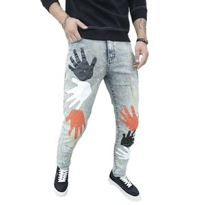 2023 New Men Streetwear Ripped Patch Printed Slim Jeans Trousers Stylish Holes Male Casual Pencil Denim Pants