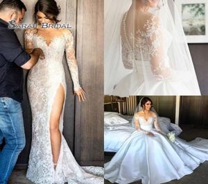 2019 Abito da sposa tubino in raso con gonna oversize Hight Split Beach Maniche lunghe sexy Abito da sera senza schienale Abito formale Highend Weddin4780868