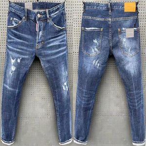 Mäns jeans 2023 män mager denim ljusblå hål lång kvalitet manlig stretch smal mode avslappnad