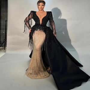 2024 ASO EBI Black Champagne Mermaid Dress Crystals Beadings Evening Formalne przyjęcie Drugie przyjęcie urodzinowe suknie zaręczynowe sukienki szata de soiree ZJ395