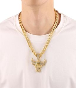 Pendant Necklaces Fashion Cuba Men Hip Hop Full Rhinestone Bull Head Necklace Sparkling Out Gold Punk For Boyfriend Gift4310753