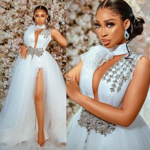 Country Wedding Dresses for Bride Halter Crystals Beaded Tulle Bridal Gowns for African Arabic Black Women Girls Tulle High Split Sexy Marriage Dress Gorgeous D091