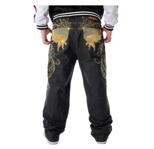 Jeans de hiphop masculinos soltos mais bordados de tamanho grande asas de bordado calça de jeans folgada masculino Hip Hop