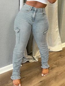 LW Plus Size High midje Sidan Flap Pocket Cargo Jean Zipper Ruched Design Causal Skinny Long Trouser 231228