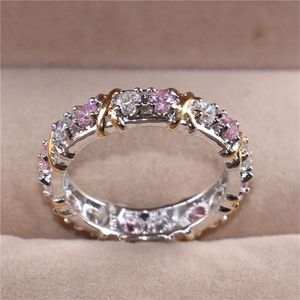 Lady's 925 Sterling Silver Pink Rosa Tanzanite Rings Giallo Oro Croce Eterna Anello nuziale a banda per donne Dimensioni di gioielli 5-1204B