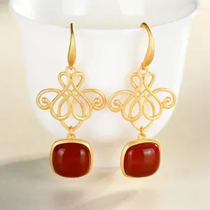 Dangle Earrings Natural South Red S925 Sterling Silver Gold Plated Southern Agate Chinese Style Retro Classic Ear