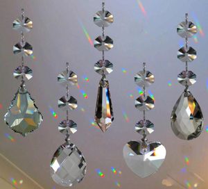 5pcs Crystal Chandelier Lamp Prisms Part Hanging Glass Teardrop Pendants with Octagon Beads Silver Jump Rings Connector6063003