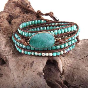 Rh Fashion Leather Boho Armbander Green Green Mexed Stones Charm 5 Fili di perline Braccialetti Drop 210918213J