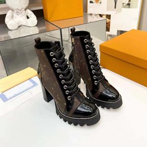 Designer estrela trilha tornozelo botas projetos botas de salto alto mulheres preto bezerro couro lona zip tornozelo bota sapatos 35-42 01