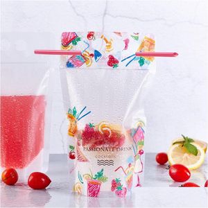 Sacos de armazenamento 500ml fruta padrão plástico bebida embalagem saco com st para bebida suco leite café alça e buracos lx0741 gota deliv dh9qe