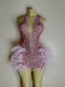 Party Dresses Sexy Sheer Pink Feather Short Prom Black Girls Birthday African Mini Cocktail Homecoming