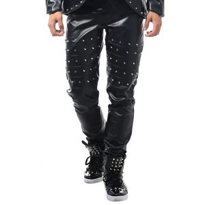 Idopy Men's Faux Leather Pants Studded Punk Style Rivets Black Party Stage Performance Holiday Cosplay Pu Trousers For Male 231228