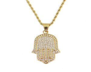 Hip hop Hamsa diamantes pingente colares para homens mulheres Mão de Fátima Amuleto Étnico colar de luxo Correntes cubanas de aço inoxidável j3912008