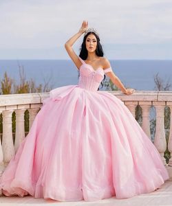 Quinceanera Dresses Pink Party Prom Ball Gown Beaded Custom Zipper Lace Up Plus Size New Tulle Sequined Off-Shoulder