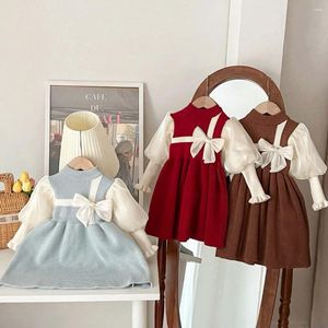 Kız Elbiseler Çocuk Kızlar Sevimli Örgü Elbise Şişe Puf Şeridi Tam Kollu Yay A-line Örgü Vestidos Kazak O boyun kırmızı yıl kıyafetleri 1-6y çocuk