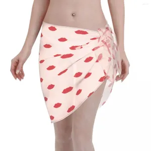 Kvinnors badkläder sexig chiffong pareo röda läppar läppstift täcker wrap kaftan sarong kjolar tryck strandkläder baddräkt bikini ups