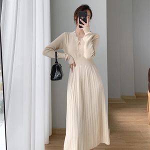 Vintage Korean Pleated Dress Long Sleeve Slim Woman Sweater Dresses Knitted Elegant Midi Party Woman Dress Autumn 231228