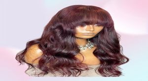 Fringe Vücut Dalgası Burgundy Kırmızı 99J İnsan Saçlı Peruk Kadınlar İçin Patlama Malezya 200densite Kıvırcık Tam Makine Yapımı WIGS4384386