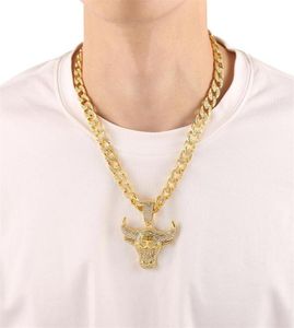 Pendant Necklaces Fashion Cuba Men Hip Hop Full Rhinestone Bull Head Necklace Sparkling Out Gold Punk For Boyfriend Gift9308665