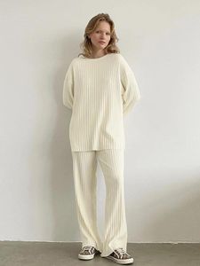 Kvinnors sömnkläder hiloc aprikos stickad pyjamas för kvinnor 2 stycken uppsättningar ribbad långärmad o nack kvinnlig lös byxor kostymer vinter 2023