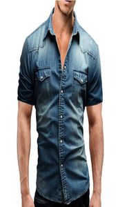 Homens primavera verão denim camisa fina manga curta algodão macio dois bolsos fino leve elástico jeans cowboy roupas 5303118