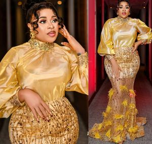 2024 Aso Ebi Gold Meerjungfrau Abendkleid Kristalle Perlen Feder Abend Formale Party Zweiter Empfang Geburtstag Verlobungskleider Kleider Robe De Soiree ZJ390