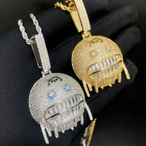 New Trendy Gold Plated Full Bling CZ Iced Out Freezing Face Cartoon Pendant Necklace for Men Women Fashion Bar DJ Hip Hop Jewelry