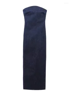 Повседневные платья QFAF Женские модные бретелек без бретелек Bodycon Midi Maxi Long Denim Blue Dress Vintage без спины на молнии