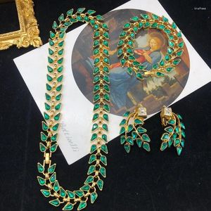 Necklace Earrings Set Ancient Europe And The United States Light Luxury Emeralds Gold-plated Leaves Elegant Temperament Bracelet Ear Clip