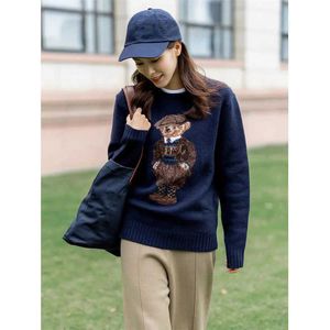 Women's Sweaters Autumnwinter New Heavy Industry Cartoon Bear Round Neck Academy Style Versatile Wool Sweater for Men and Women